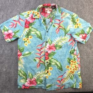 RJC Hawaiian Shirt Medium Blue Floral Short Sleeve Camp Button Up Beach